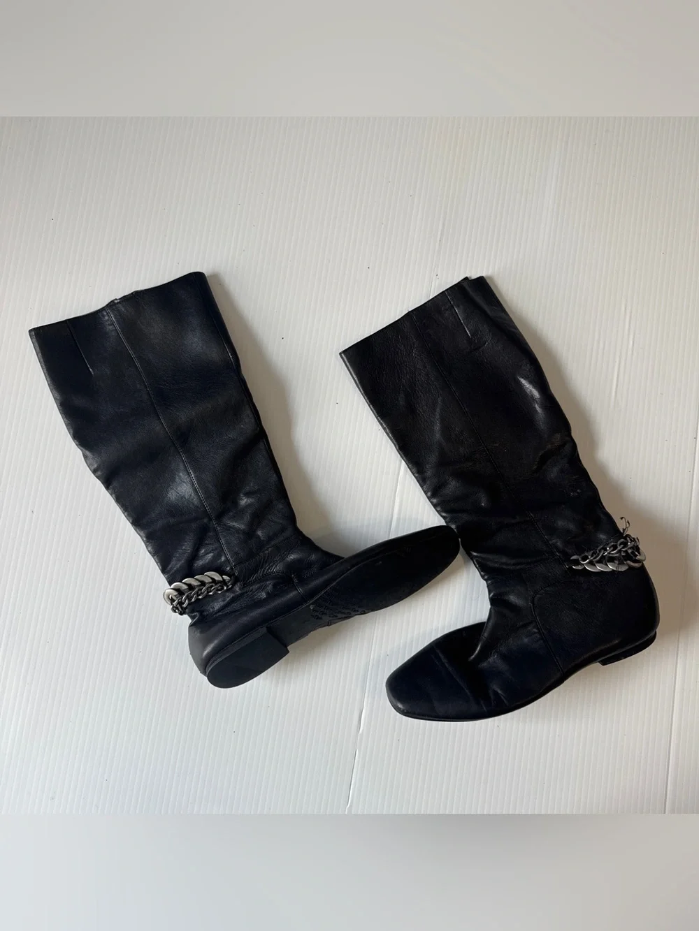 Calvin Klein Martha Black Leather Knee High Boots Chain Detail Riding Size 8M